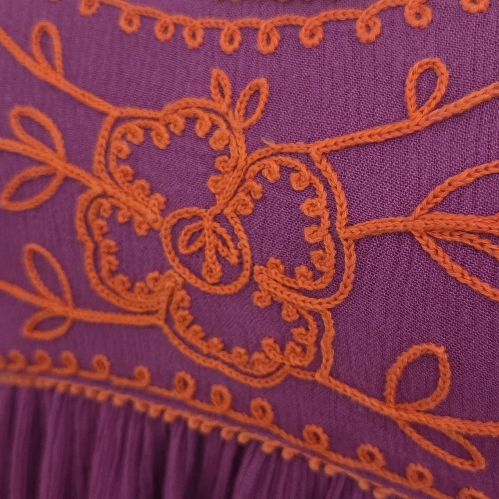 Free People Mauve Embroidered Boho Mini Dress Puff Sleeve Empire Waist XS - Picture 6 of 10